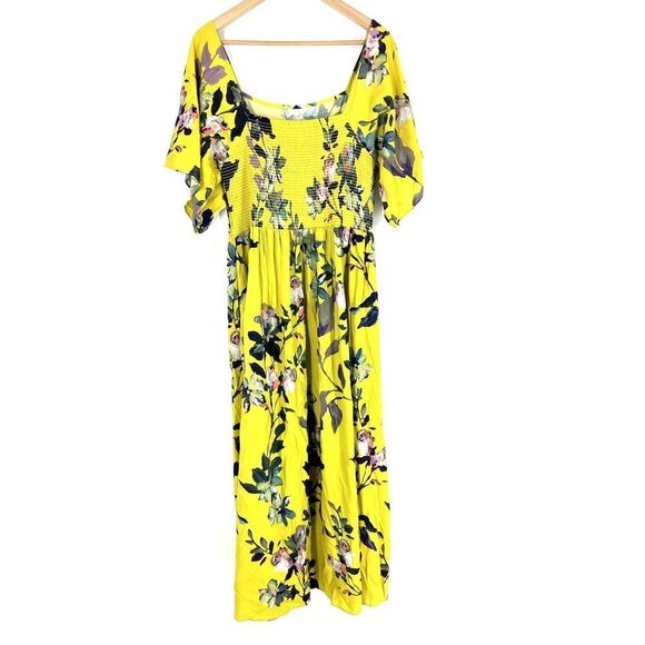 Soft Surroundings Dress Size Large Maise Yellow Floral Print Smock Maxi Cottage - Picture 5 of 8